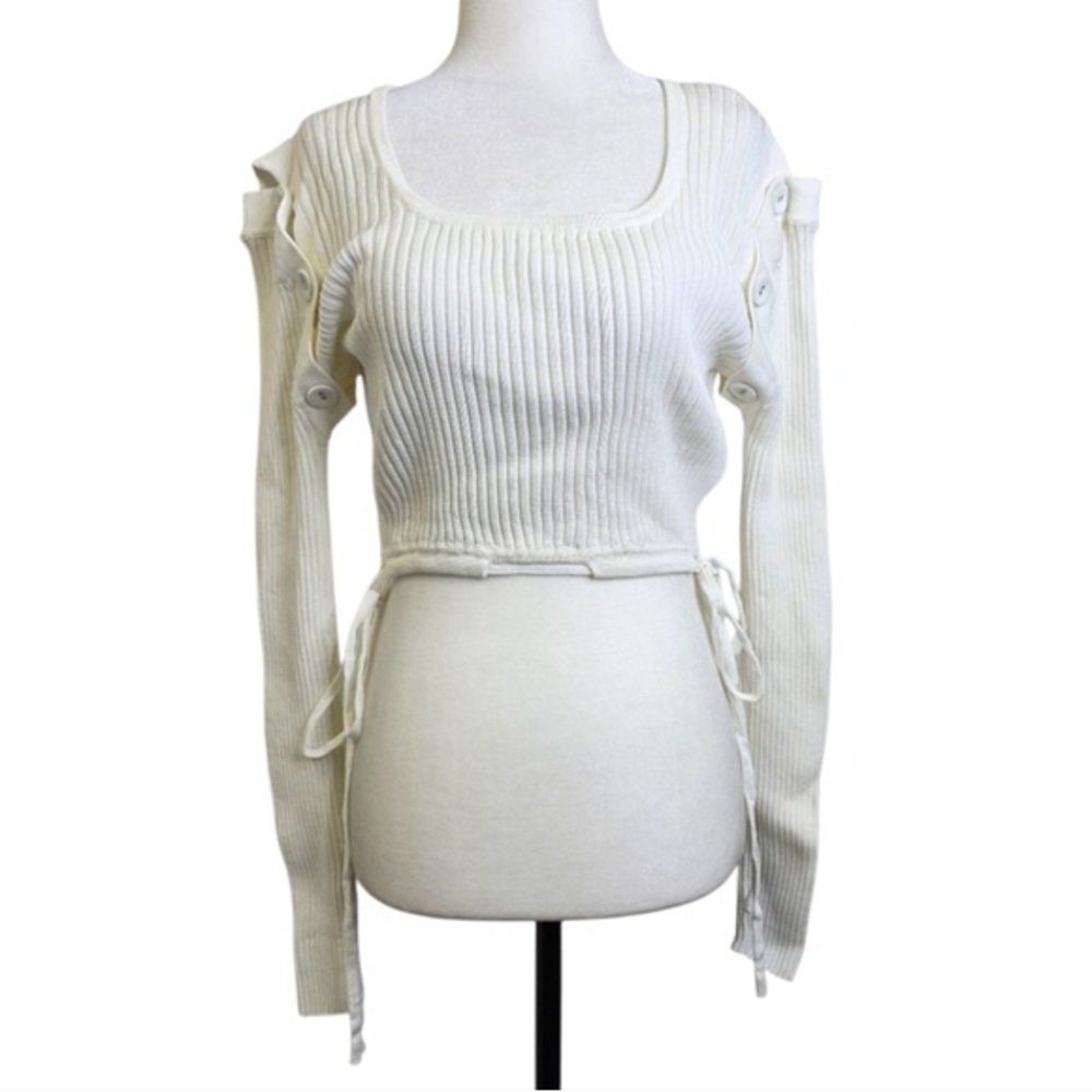 Avantlook Ribbed knit long  removable sleeves cropped top with tie accentures